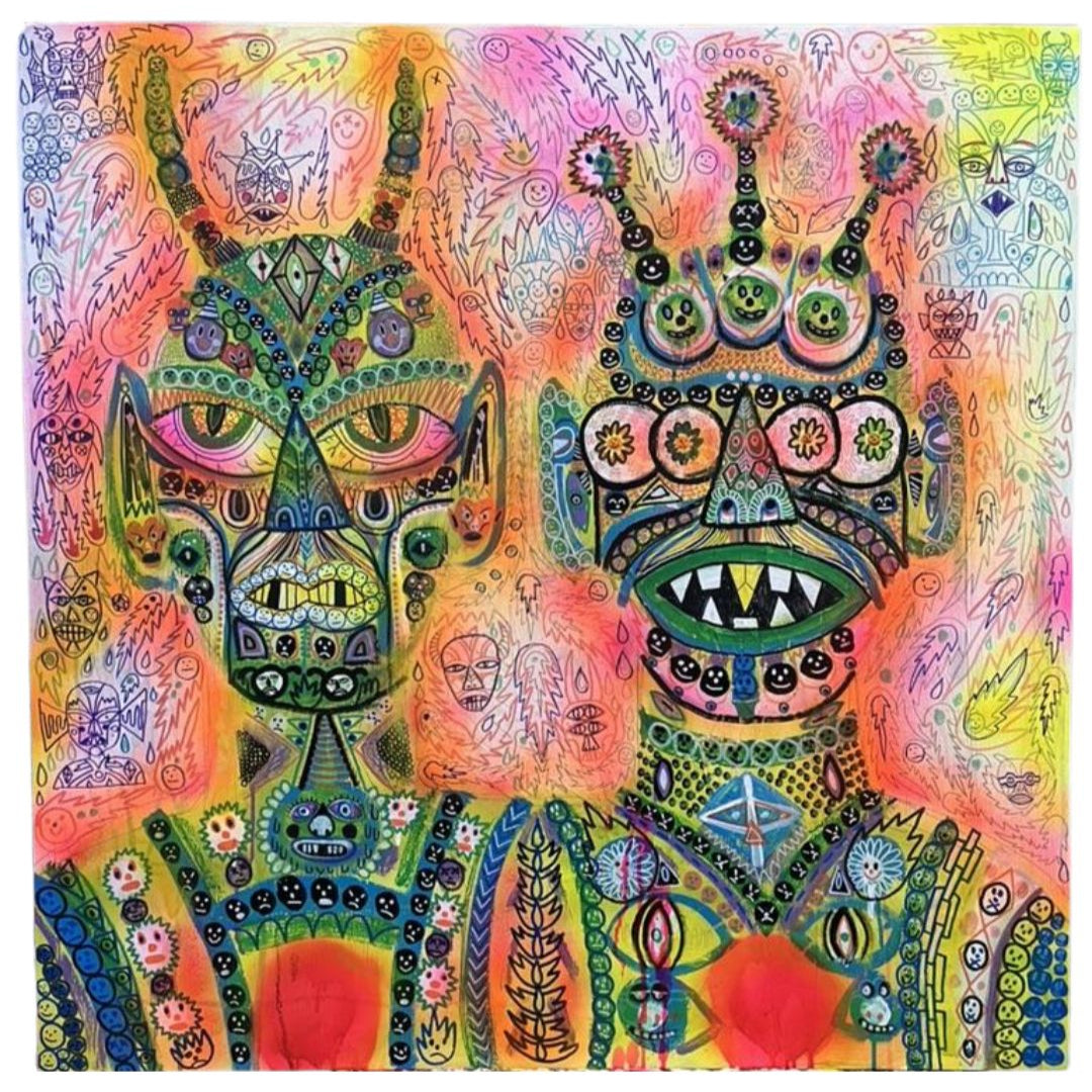 Colorful abstract artwork with intricate designs on a white background