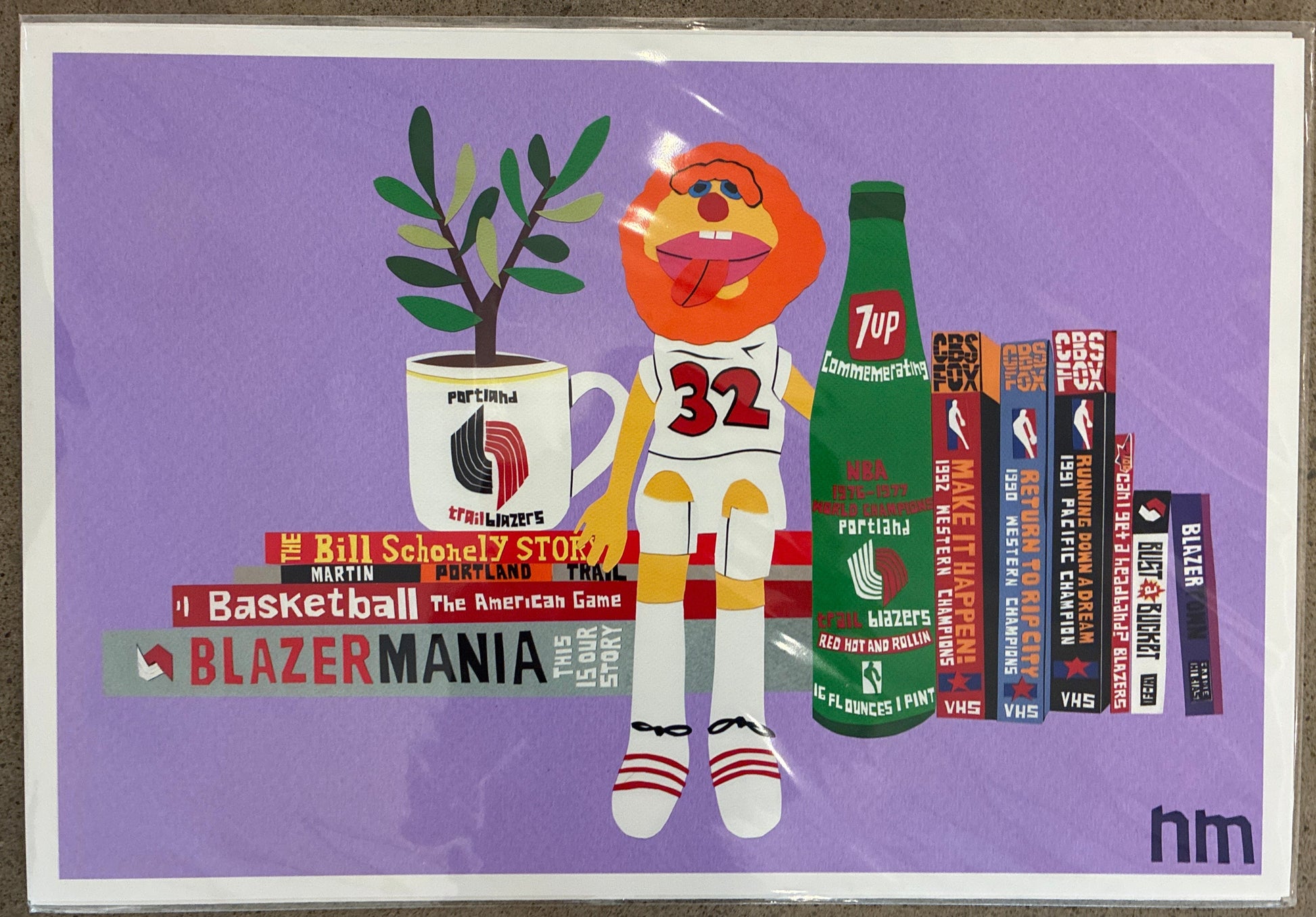 Illustration of a muppets character with blazers books and a bottle on a purple background